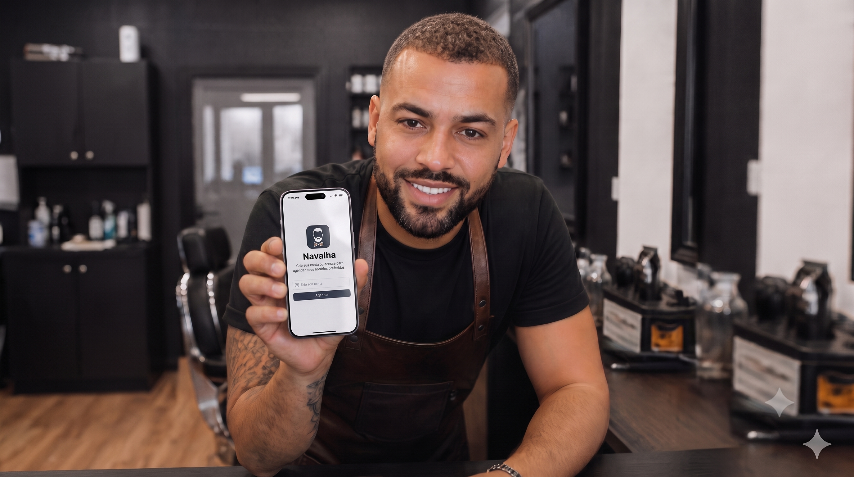 Tela do Navalha Agenda Inteligente mostrando agenda de barbearia, serviços e faturamento em layout limpo 16:9